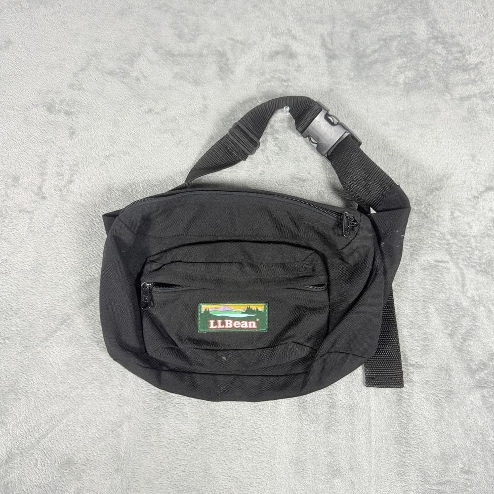 Vintage LL Bean OS Waist Pack Fanny Pack Black Canvas Mountain Logo